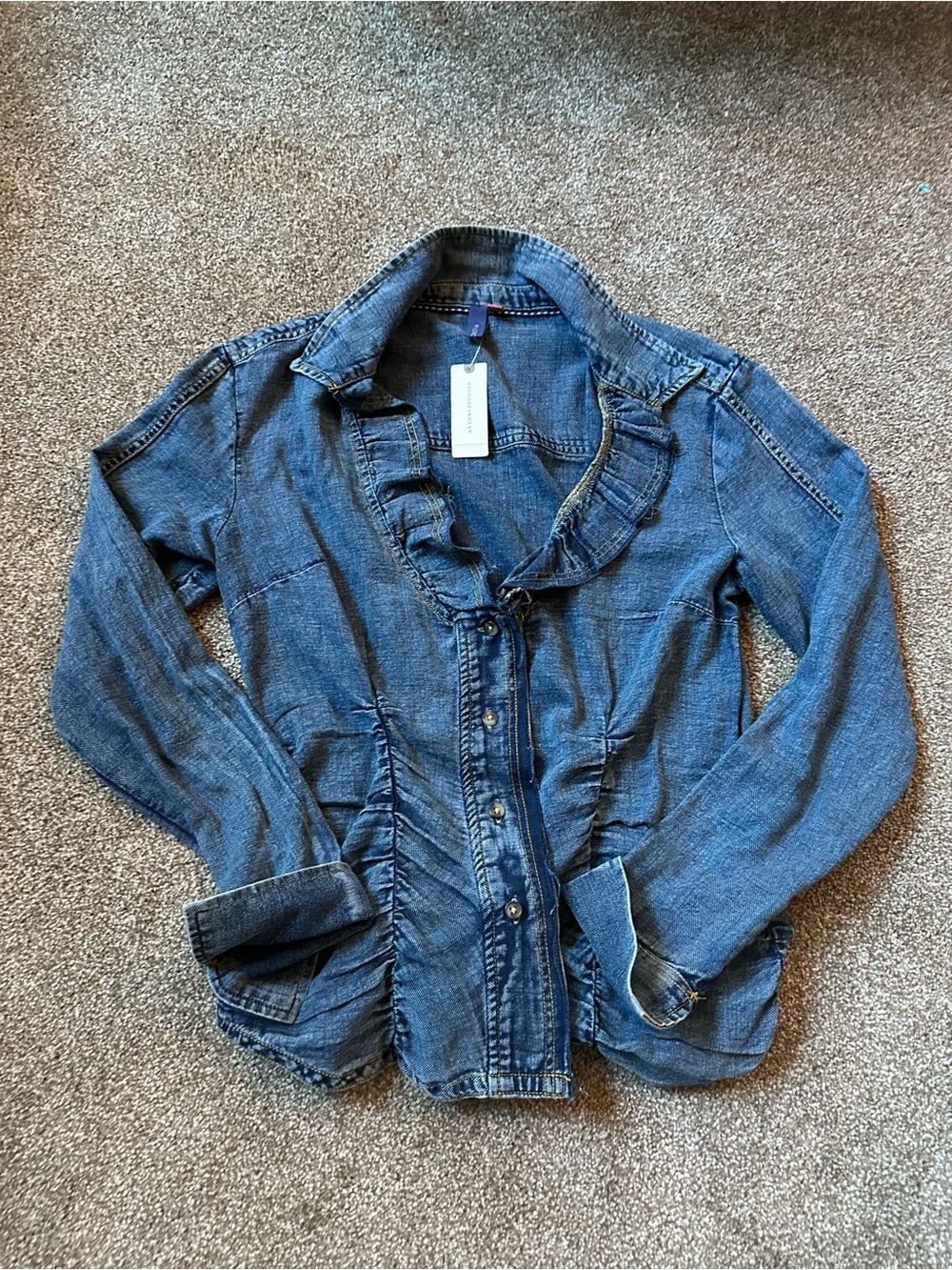 Anthropologie Pilcro Denim Top Womens Small Blue Ruffle Front NWT $110